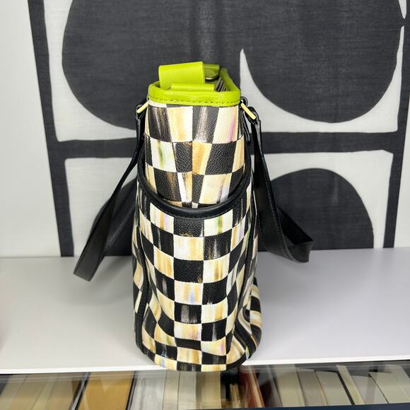 MacKenzie Childs Courtly Check Chartreuse Black Leather Diaper Bag Tote - Picture 3 of 9